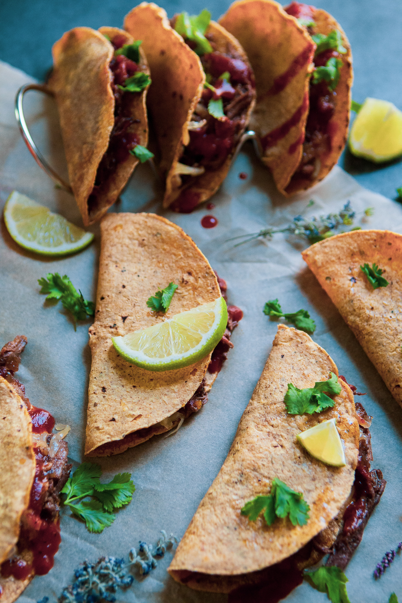 Crispy Beer Braised Beef Tacos with Chipotle Honey and Bacon Jam