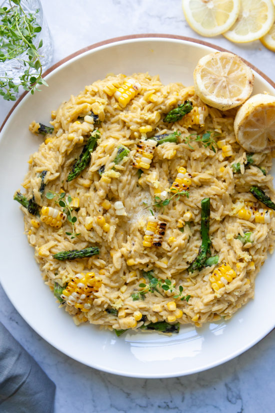 Creamy Lemony Orzo with Grilled Corn and Asparagus