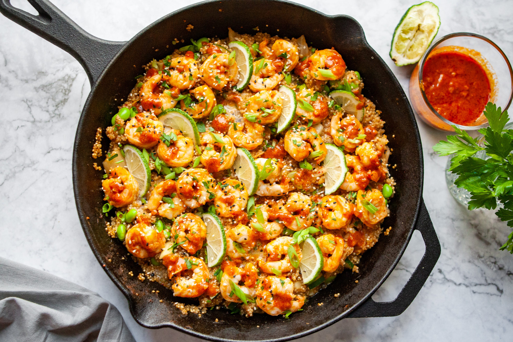 Skillet Quinoa with Buttery Kimchi Shrimp